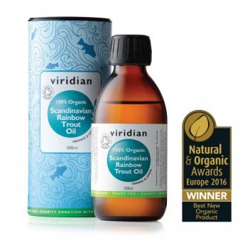 Viridian skysti žuvų taukai „100% Organic Scandinavian Rainbow Trout Oil“, 200 ml.